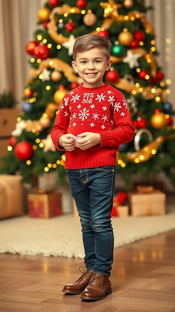 Stylish Christmas Outfit Ideas for Boys A boy in a red Christmas sweater and dark jeans, standing by a decorated Christmas tree with a gift.